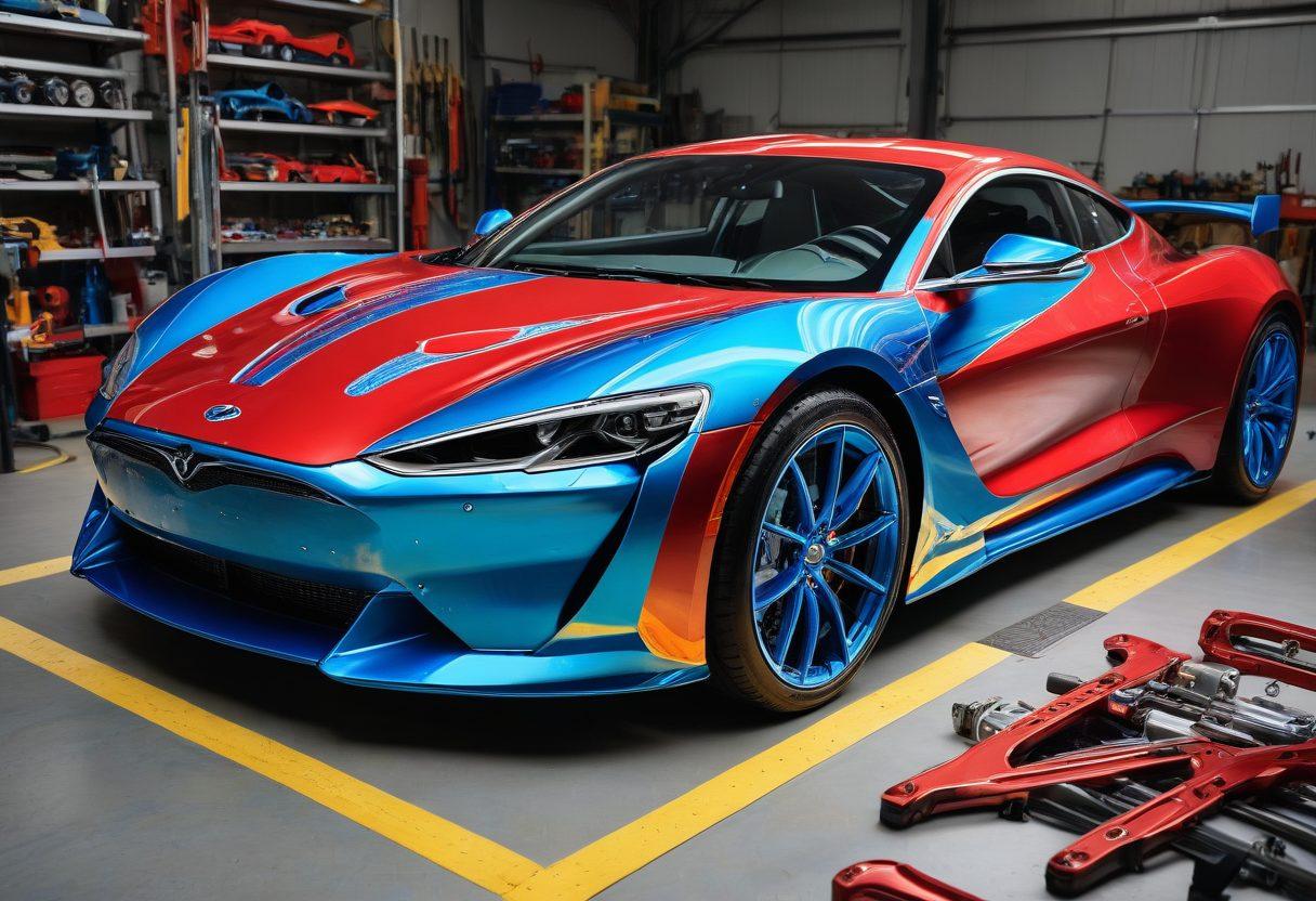 A close-up of an intricately customized car frame, showcasing vibrant metallic colors and unique design elements. Include a mechanic working on the frame, tools scattered around, and a lively workshop background filled with other cars in various stages of customization. Capture the excitement of auto customization with dynamic lighting and details. super-realistic. vibrant colors. 3D.