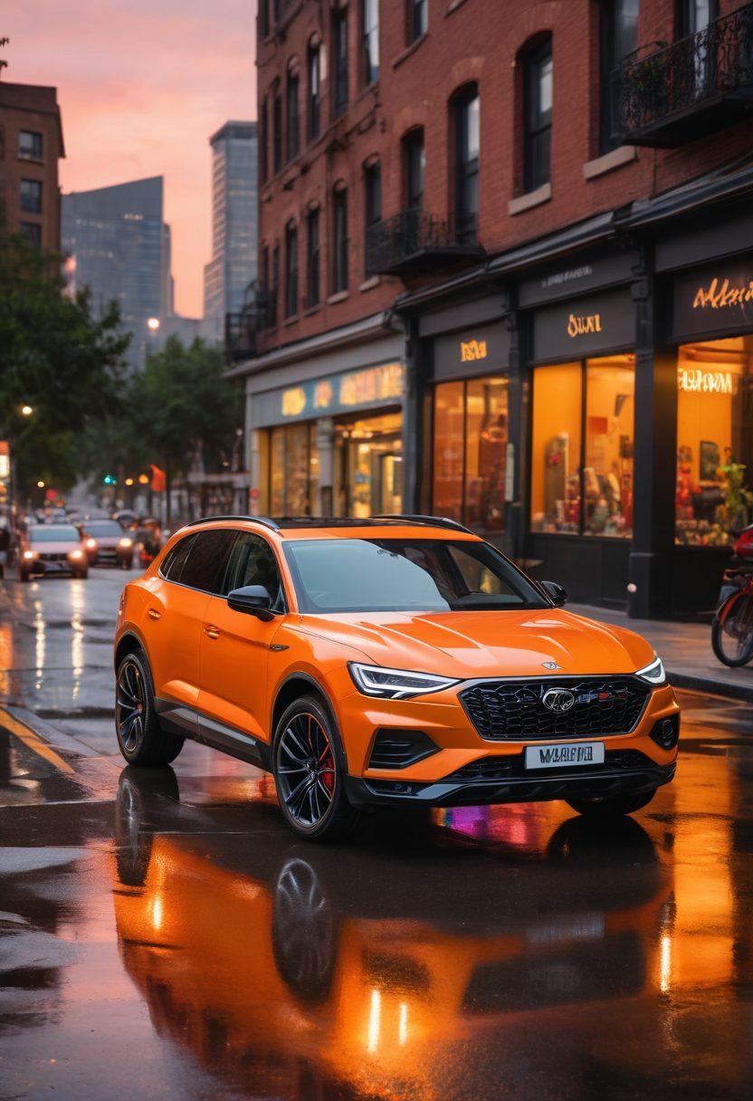 A visually striking scene showing a personalized vehicle adorned with a variety of colorful and trendy accessories like custom rims, seat covers, and LED lights. The backdrop features a vibrant cityscape at sunset, highlighting the vehicle's unique style. Include enthusiastic individuals discussing and admiring the accessories, emphasizing a sense of community and creativity. Illustrate a sense of adventure and personal expression through the elevation of the ride. super-realistic. vibrant colors. cityscape.